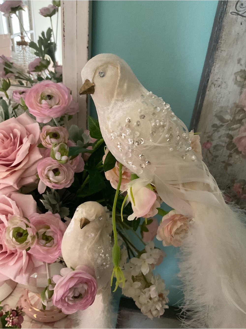 Set of Ivory Velvet Decorative Birds Holiday Ornament with Beaded Accents